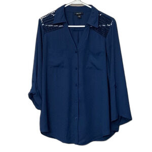 Alyx woman’s blue sheer button down 3/4 tab sleeve blue Large W/shoulder detail